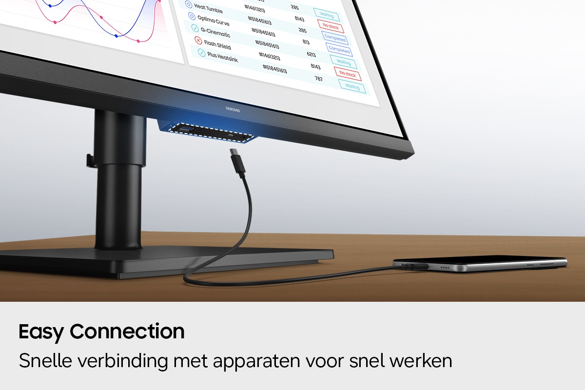 Easy Connection. Snelle verbinding met apparaten voor snel werken. Een poort aan de onderkant van de monitor is gemarkeerd en er is een telefoonoplader te zien die er verbinding mee probeert te maken.