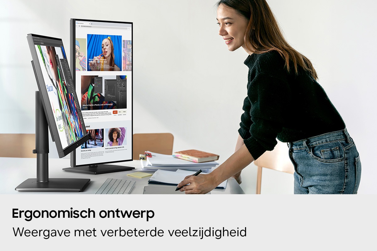 Ergonomisch ontwerp. Weergave met verbeterde veelzijdigheid. Een ontwerper gebruikt twee monitoren, de ene gekanteld en de andere 90 graden gedraaid.