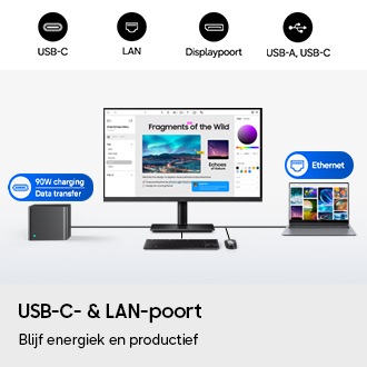 USB-C- en LAN-poort. Blijf energiek en productief. Een monitor is verbonden met een pc, een laptop, een toetsenbord en een muis. Op de monitor staat een bewerkingsprogramma. Het poortpictogram boven de pc geeft 90 W opladen en gegevensoverdracht aan, terwijl het Ethernet-pictogram boven de laptop staat. Pictogrammen voor USB-C, LAN, Display Port, USB-A en USB-B.