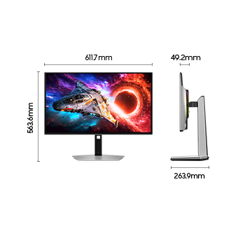 Afmetingen van de 27-inch Samsung Odyssey OLED G8 (611,7 x 563,6 x 263,9 mm) met standaard en een beeldschermdiepte van 49,2 mm zonder standaard.