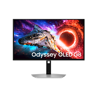 Voorkant van de 27-inch Samsung Odyssey OLED G8. Het scherm toont een ruimteschip dat uit het portaal vliegt.