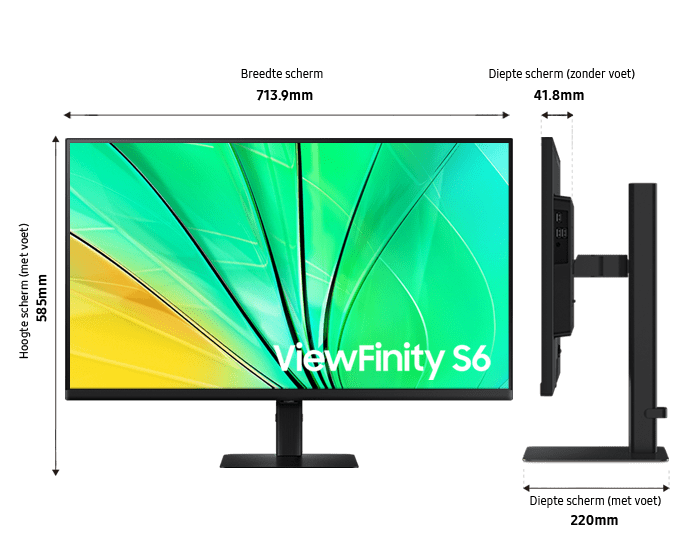Dimension of 32inch Samsung ViewFinity S60D  with black stand, and screen depth of 32mm without stand.
