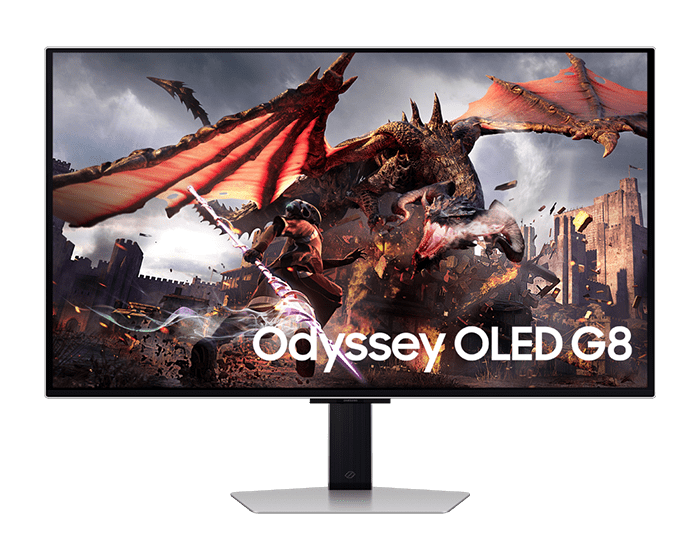 Front of Samsung Odyssey OLED G8 G80SD with dragon and warrior on screen.