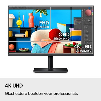 4K UHD. Glasheldere beelden voor professionals. De monitor wordt getoond met een fotobewerkingsprogramma open en het scherm toont drie vierkanten van verschillende grootte. FHD (1920×1080), QHD (2560×1440) en 4K UHD (3840×2160).