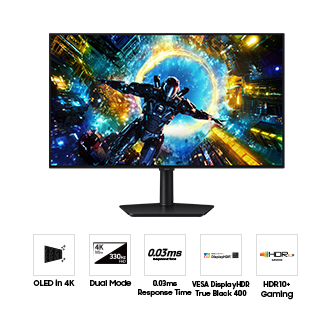 Voorkant van de Samsung Odyssey OLED G7. Vijf pictogrammen voor functies over OLED in 4K, Dual Mode, responstijd van 0,03 ms, VESA DisplayHDR True Black 400 en HDR10+ Gaming.