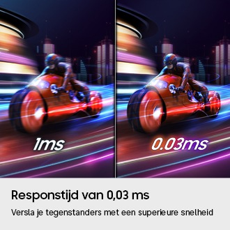 Responstijd van 0,03 ms. Versla je tegenstanders met een superieure snelheid. Een motorfiets die op volle snelheid racet is duidelijk te zien zonder vertraging in 0,03 ms vergeleken met 1 ms.