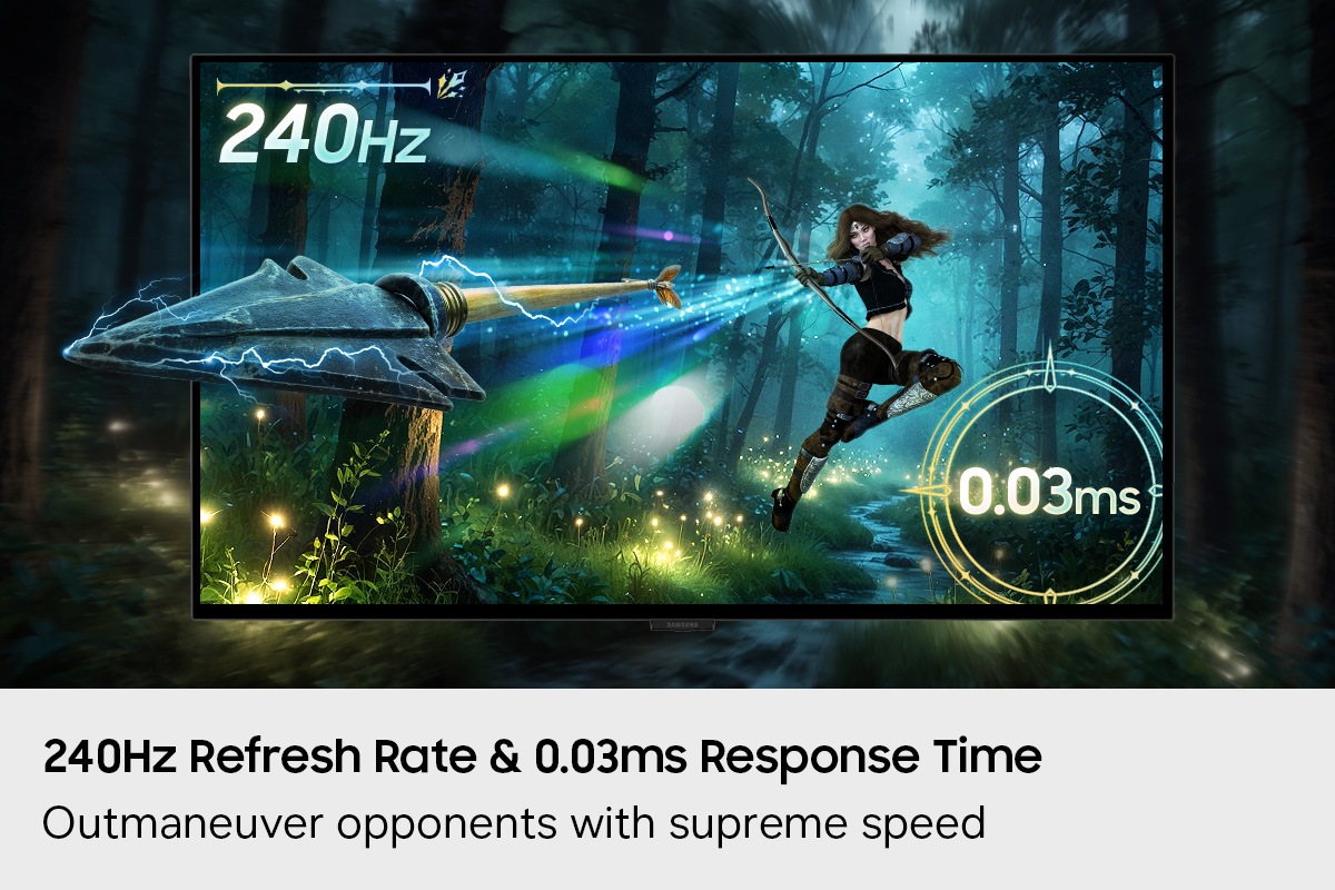 Een refresh rate van 240 Hz en een responstijd van 0,03 ms. Wees tegenstanders te slim af met superieure snelheid. Een scherm toont een boogschutter die een pijl afschiet. De pijl glijdt uit het scherm.
