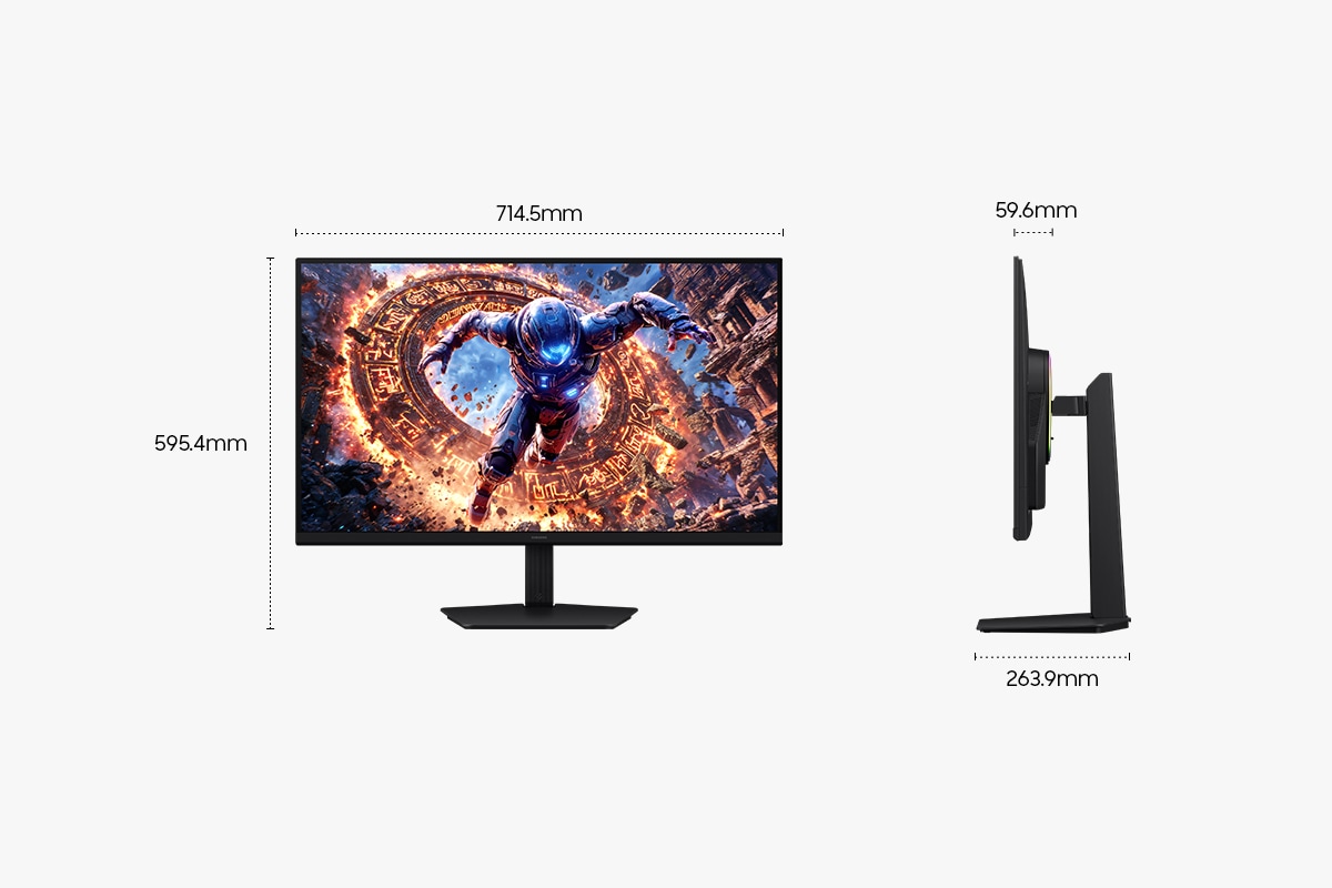 Afmetingen van de Samsung Odyssey G8 (714,5 x 595,4 x 263,9 mm) met standaard en een beeldschermdiepte van 59,6 mm zonder standaard.