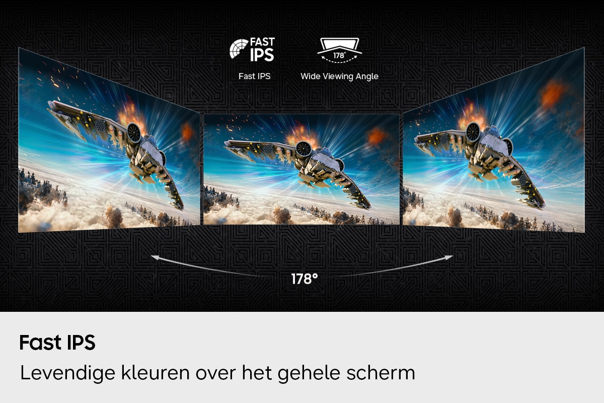 Fast IPS. Levendige kleuren over het hele scherm. Logo's voor Fast IPS en 178 graden brede kijkhoek. Drie monitoren tonen dezelfde luchtgevechtsscène vanuit verschillende hoeken.