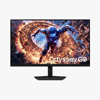 Voorkant van de Samsung Odyssey G8. Het scherm toont een personage dat een portaal verlaat.