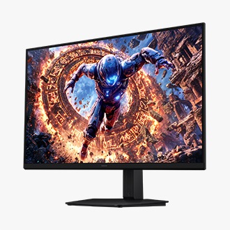 Perspectief rechtsvoor van de Samsung Odyssey G8. Het scherm toont een personage dat een portaal verlaat.