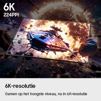 6K-resolutie. Gamen op het hoogste niveau. Nu in 6K. Monochrome pixels komen samen om een levendig beeld van een ruimteschip te tonen. 6K. 224PPI.
