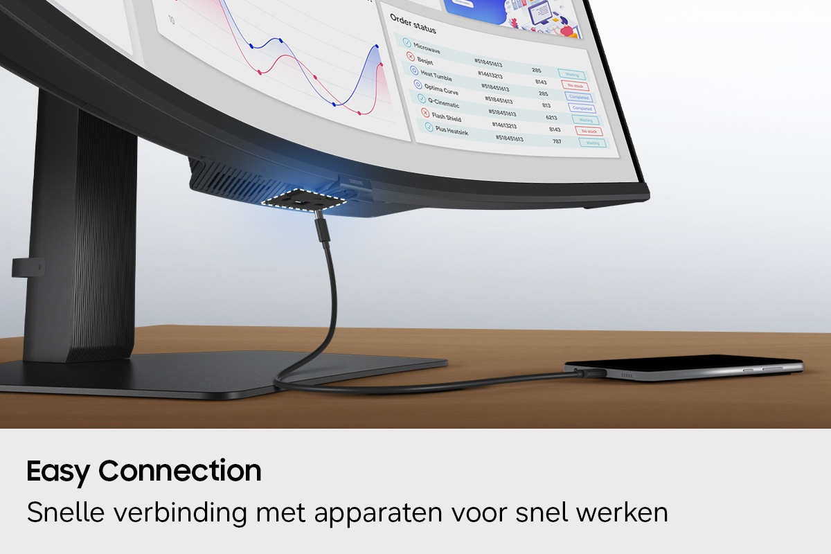 Easy Connection. Snelle verbinding met apparaten voor snel werken. Een poort aan de onderkant van de monitor is gemarkeerd en er is een telefoonoplader te zien die er verbinding mee probeert te maken.
