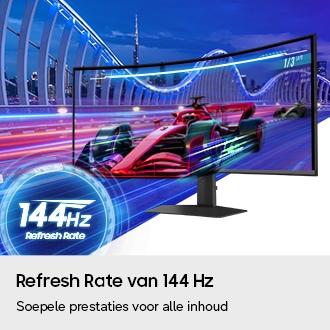 Refresh rate van 144 Hz. Soepele prestaties voor alle inhoud. Een raceauto schiet het scherm uit. Refresh rate van 144 Hz.