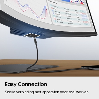 Easy Connection. Snelle verbinding met apparaten voor snel werken. Een poort aan de onderkant van de monitor is gemarkeerd en er is een telefoonoplader te zien die er verbinding mee probeert te maken.