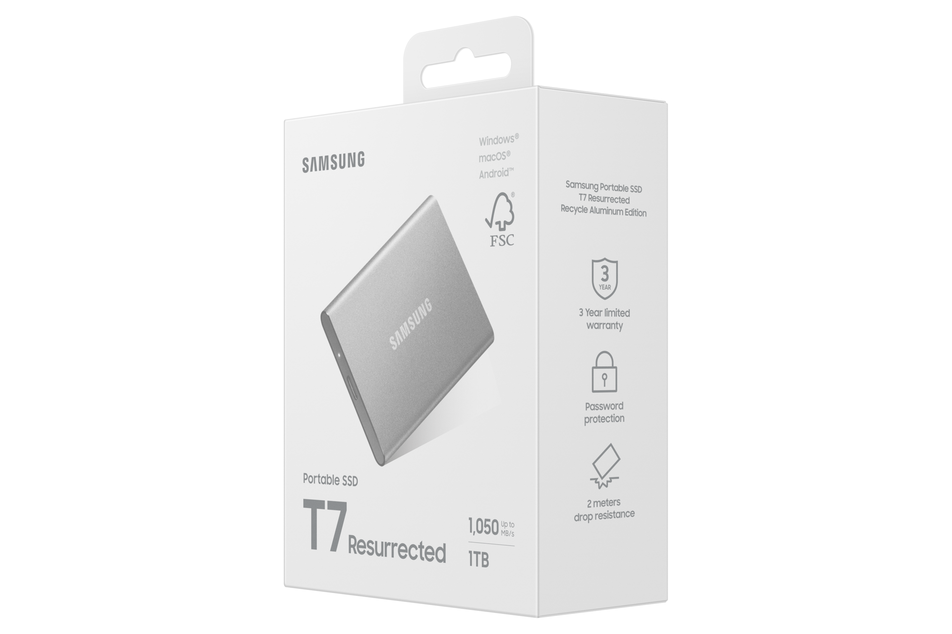 Portable SSD T7 Resurrected USB 3.2 Gen 2 PKG-R-Perspective Silver 