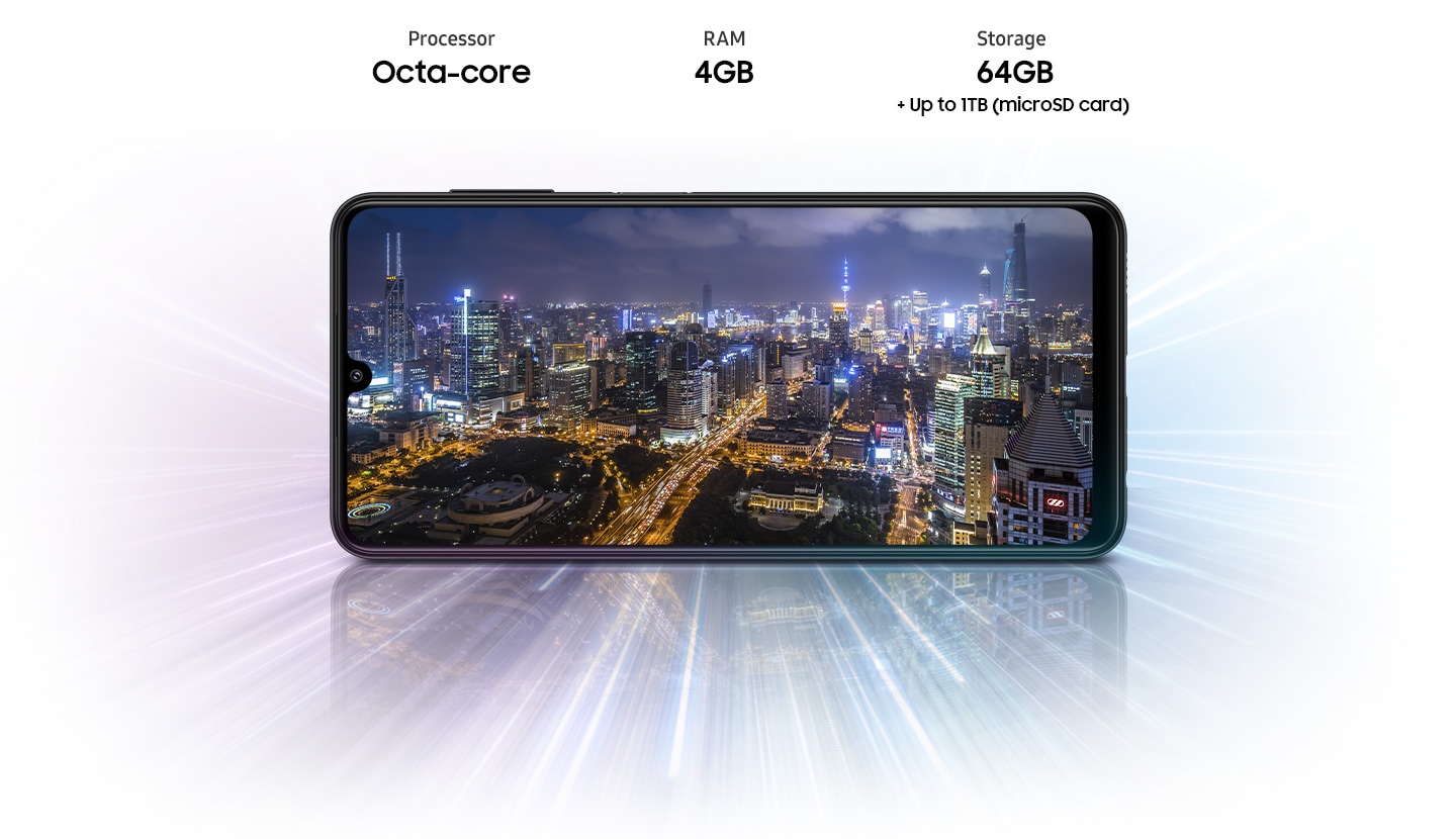 Galaxy A22 som viser nattutsikt over byen og indikerer at enheten tilbyr Octa-core prosessor, 4 GB RAM, 64 GB med opptil 1 TB lagringsplass.