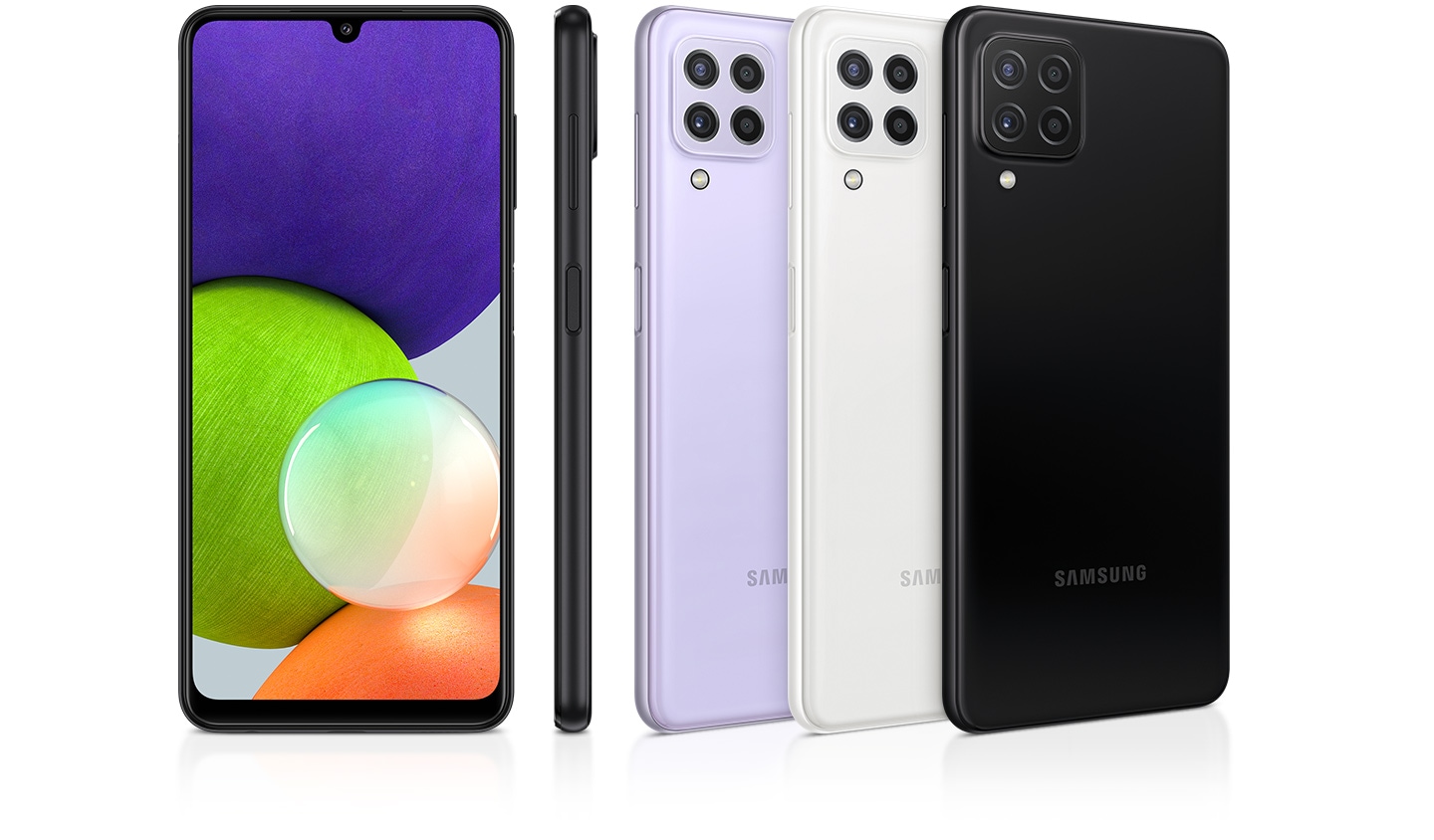 Tre blanke mobiltelefoner som kan sees bakfra i svart, hvitt og fiolett, sammen med en profil og forfra som belyser den premium glansfinishen.