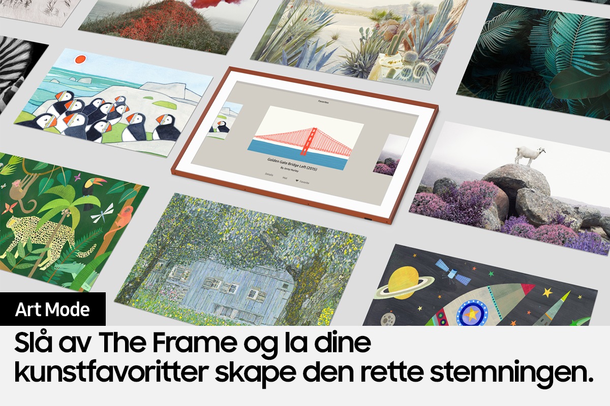 Art Mode-bildet viser viser at bildet av bro og vann velges blant ulike andre kunstverk.