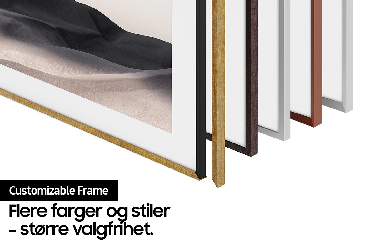 Customizable Frame Bezel viser magnetfestet til The Frame-modellene Modern og Beveled, i tillegg til rammer i fargene Teak, Brown, Brick Red og White.