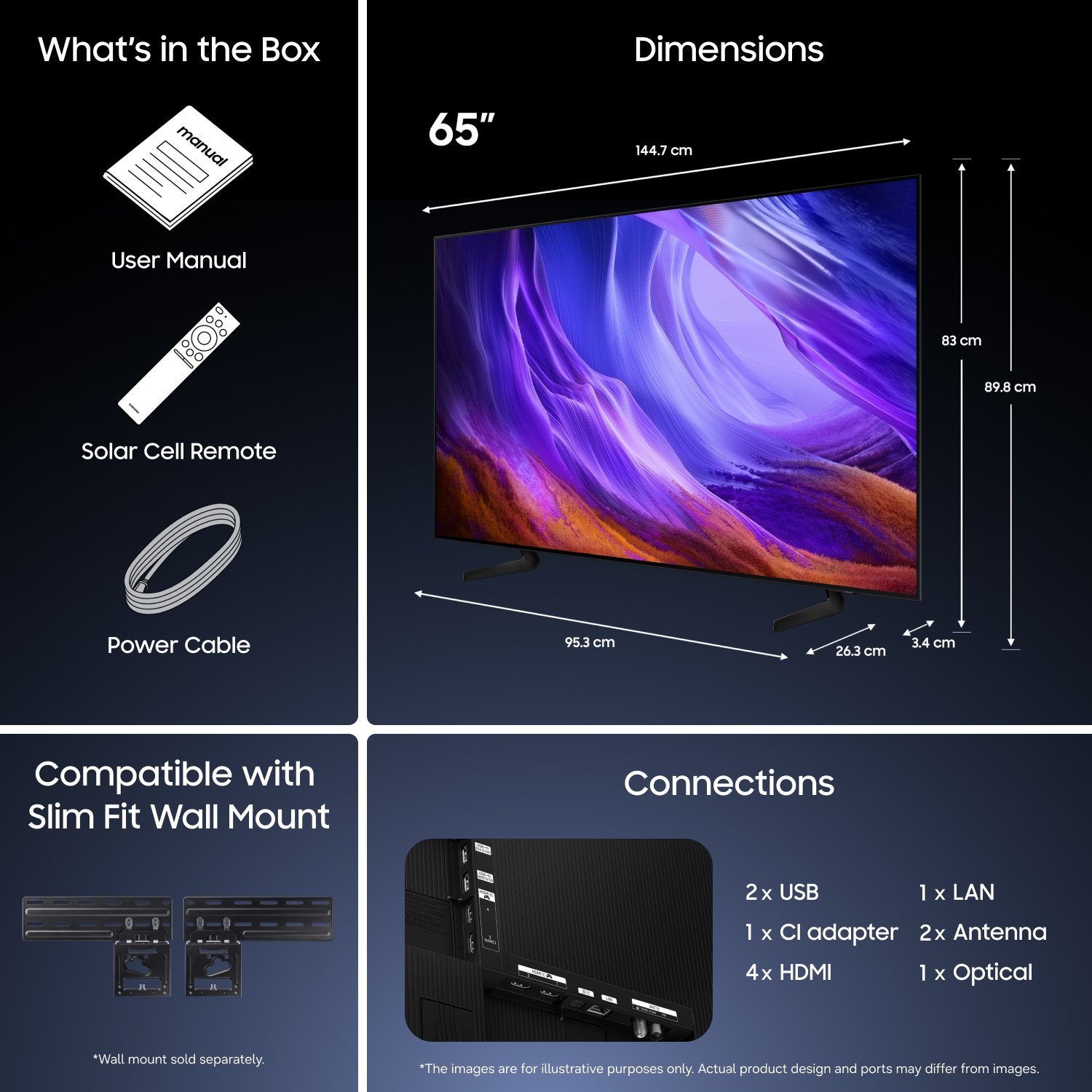 Mål for Samsung OLED S85H kun skjerm: 83 × 144,7 × 3,4 cm. Høyde med Black Simple Linear‑stativ: 89,8 cm. Mål for Black Simple Linear‑stativ: 95,3 × 26,3 cm.