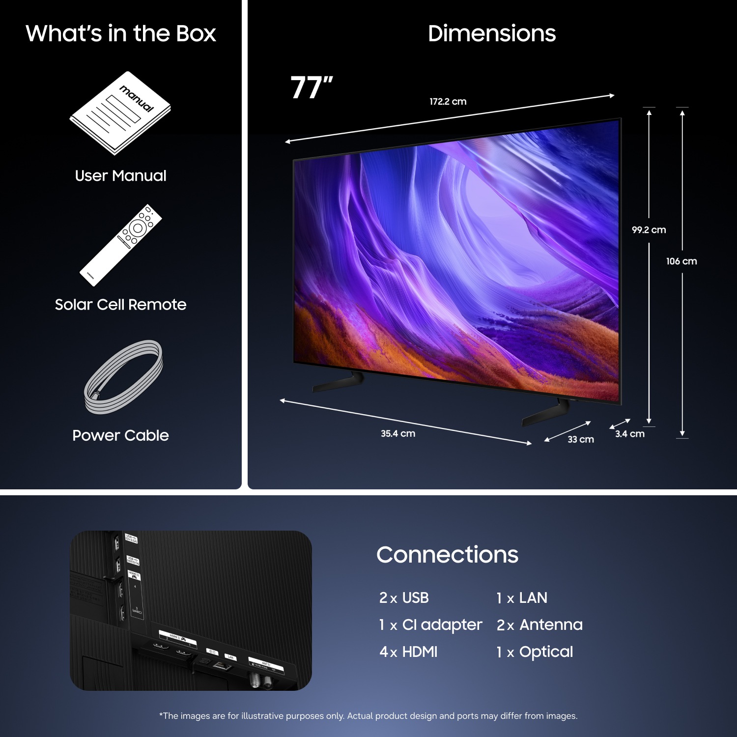 Mål for Samsung OLED S85H kun skjerm: 99,2 × 172,2 × 3,4 cm. Høyde med Black Simple Linear‑stativ: 106 cm. Mål for Black Simple Linear‑stativ: 35,4 × 33 cm.