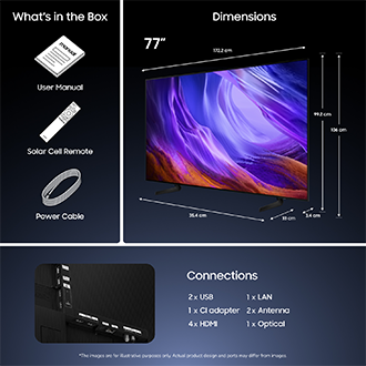 Mål for Samsung OLED S85H kun skjerm: 99,2 × 172,2 × 3,4 cm. Høyde med Black Simple Linear‑stativ: 106 cm. Mål for Black Simple Linear‑stativ: 35,4 × 33 cm.