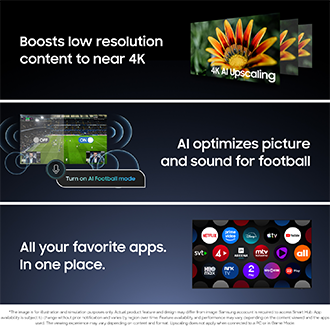 AI-upscaled TV enhancing football viewing with centralized streaming apps like Netflix and YouTube.