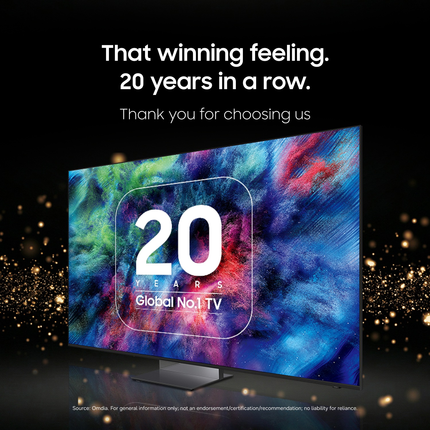 TV celebrating 20 years as global No.1 with vibrant screen, 'That winning feeling' text, and golden sparkles on black background.