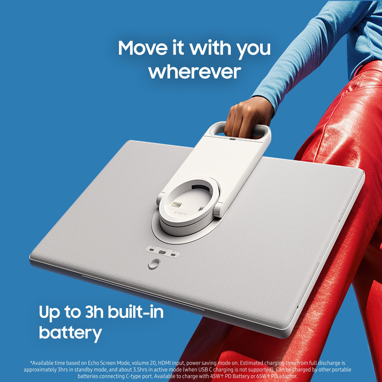 Low-angle shot of a person holding The Movingstyle by the attached handle. Move it.