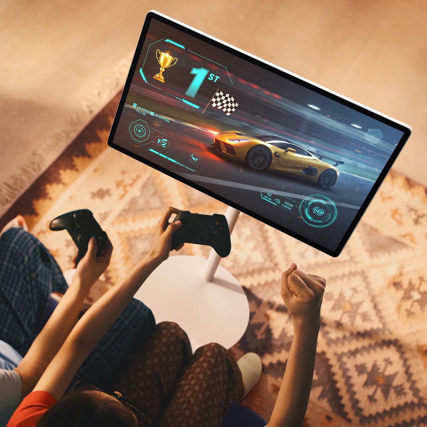 Overhead view of two people gaming on The Movingstyle using connected controllers.