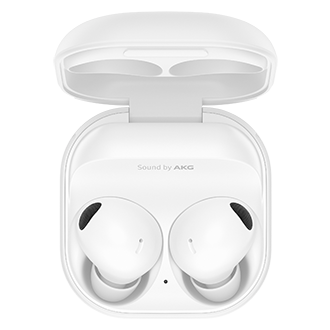 Top view of the Samsung Galaxy Buds2 Pro in White inside the case. Check out the specs and features at Samsung New Zealand.