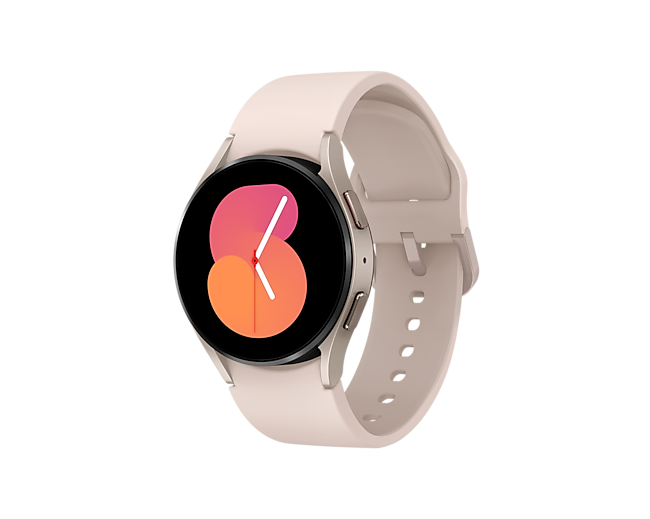 Diagonal front view of the Samsung Galaxy Watch 5 40mm Bluetooth in Pink Gold Colour. Check out the specs and features at Samsung New Zealand.