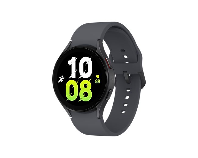 Diagonal front view of the Samsung Galaxy Watch 5 44mm LTE in Graphite Colour. Check out the specs and features at Samsung New Zealand.
