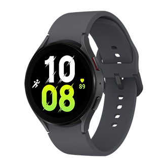 Diagonal front view of the Samsung Galaxy Watch 5 44mm LTE in Graphite Colour. Check out the specs and features at Samsung New Zealand.