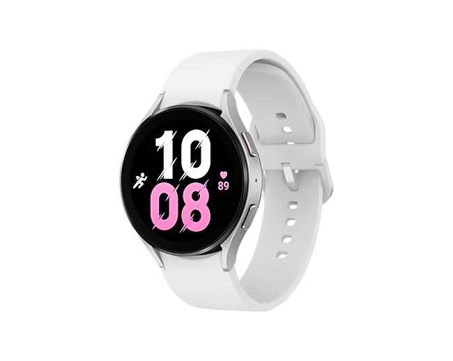 Diagonal front view of the Samsung Galaxy Watch 5 44mm Bluetooth in Silver Colour. Check out the specs and features at Samsung New Zealand.