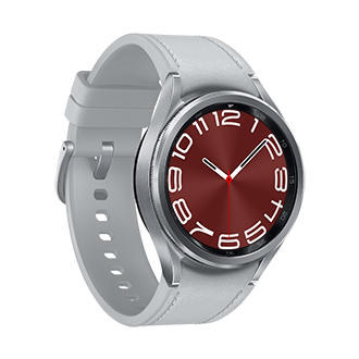 Left Perspective View of Samsung Galaxy Watch 6 Classic Bluetooth (43mm) in Silver.