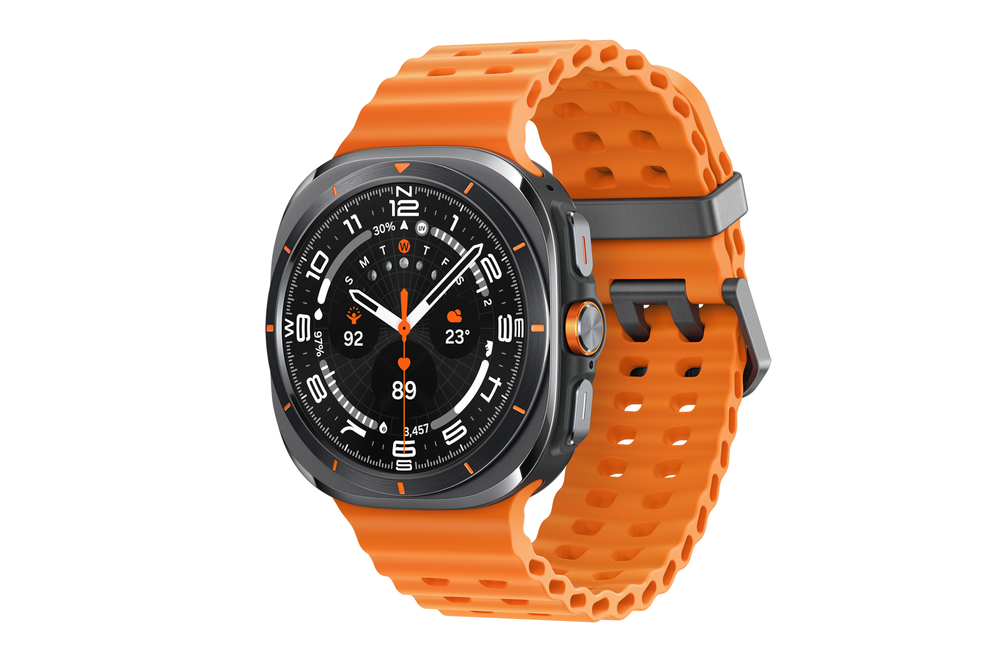 Front view of the Samsung Galaxy Watch Ultra in Titanium Gray colour with Orange Marine Band.