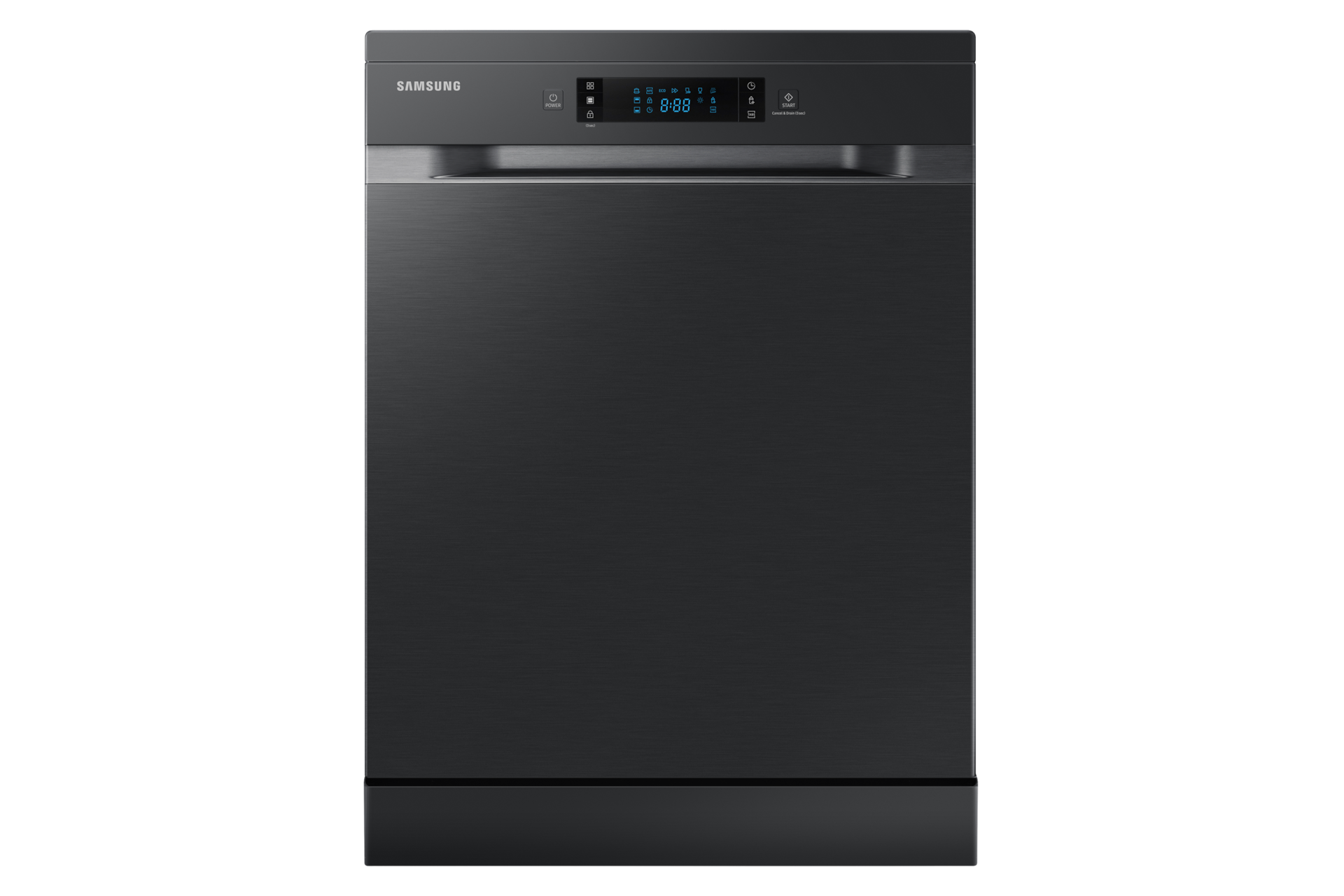 Check out Samsung DW60M6055FG 60cm Black Dishwasher now. Image shows black dishwasher seen from the front