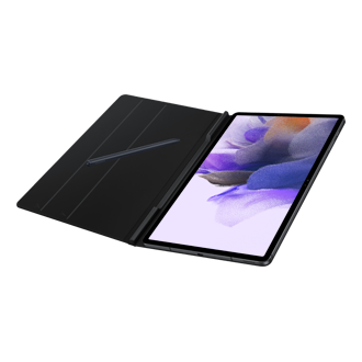 A black Samsung Tab S7 EF-BT730PBEGWW opens a cover showing a screen with a compartment for an S Pen. On an inside cover, there's an S Pen laid
