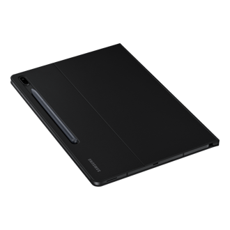 A back-side of a black S7 FE book cover with an S Pen laid on a  compartment. Buy Samsung Galaxy Tab S7 FE 5G cover here