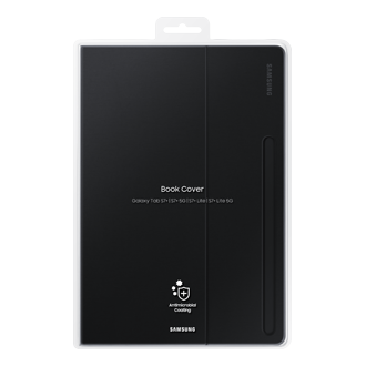 A black Samsung Tab S7 EF-BT730PBEGWW is packed in a packaging box with a logo of antimicrobial coating on it. Get Samsung Tab S7 FE 12.4 case now
