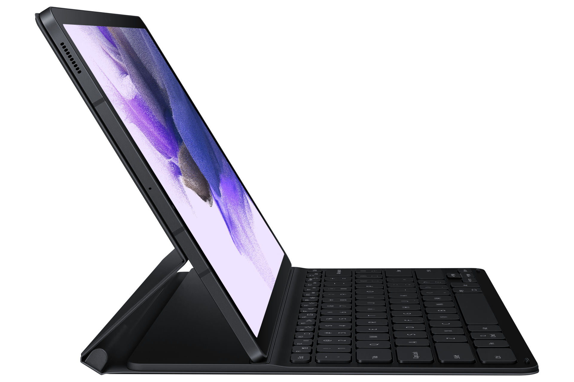 A side view of a standing-slim Samsung Galaxy book cover keyboard in black blocks microbial growth to help protect against 99% of bacteria