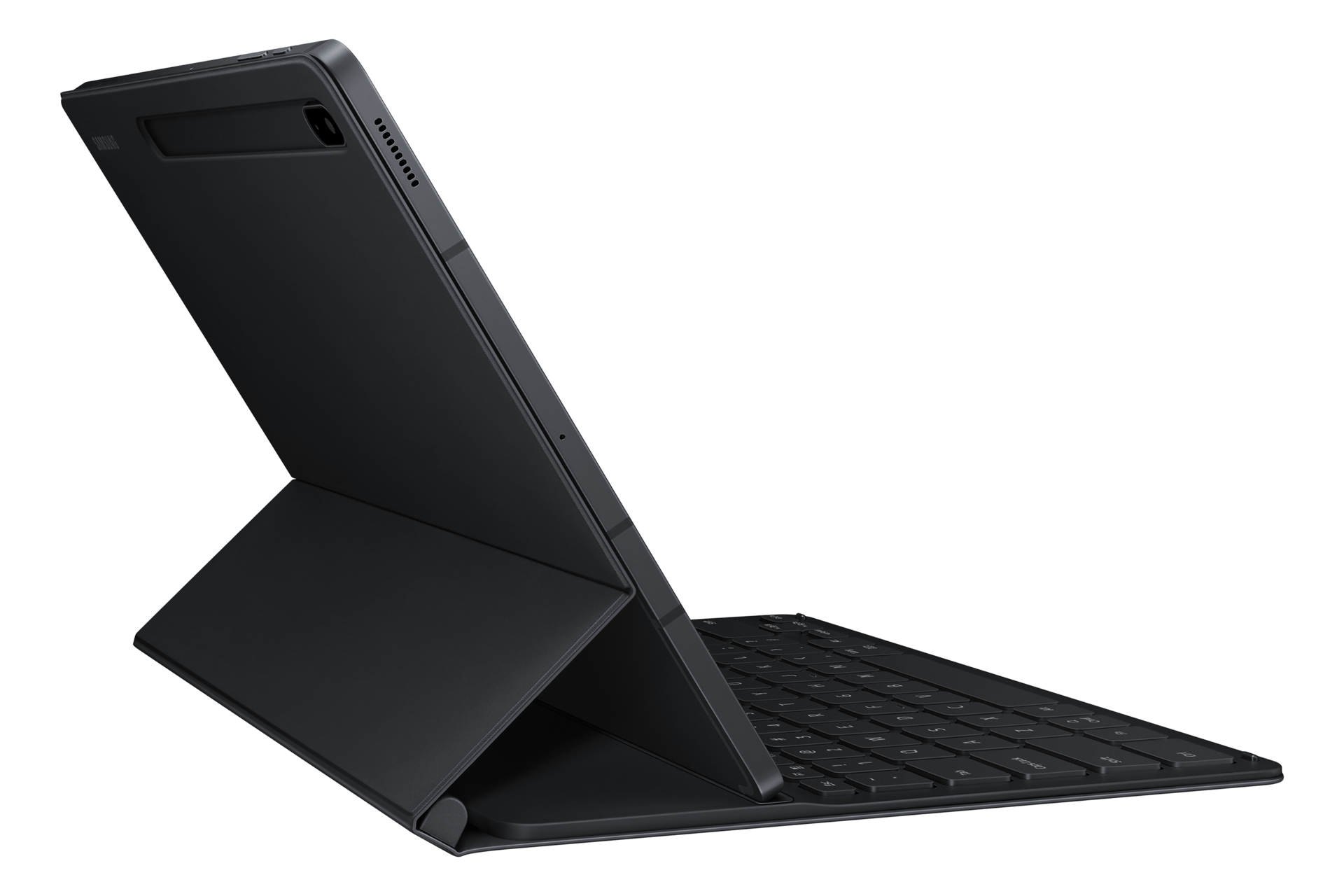 A back view of a standing-slim Galaxy Tab S7 FE book cover keyboard in black can sit at a 60° angle. Buy Samsung Tab S7 keyboard here