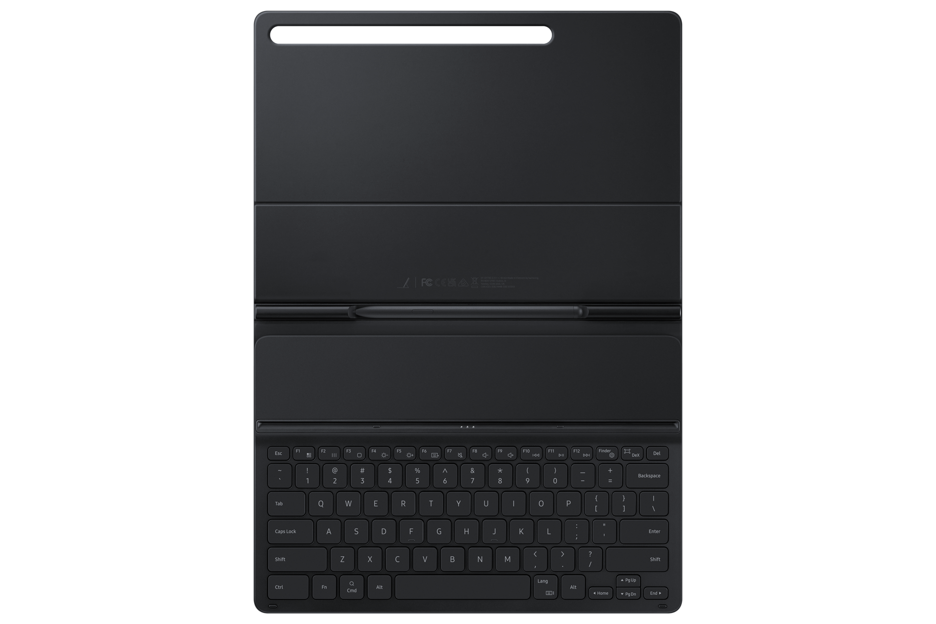 A black Galaxy Tab S7 FE / Tab S7+ slim book cover keyboard opening shows a compartment for an S Pen. Buy Samsung Tab S7 keyboard here 