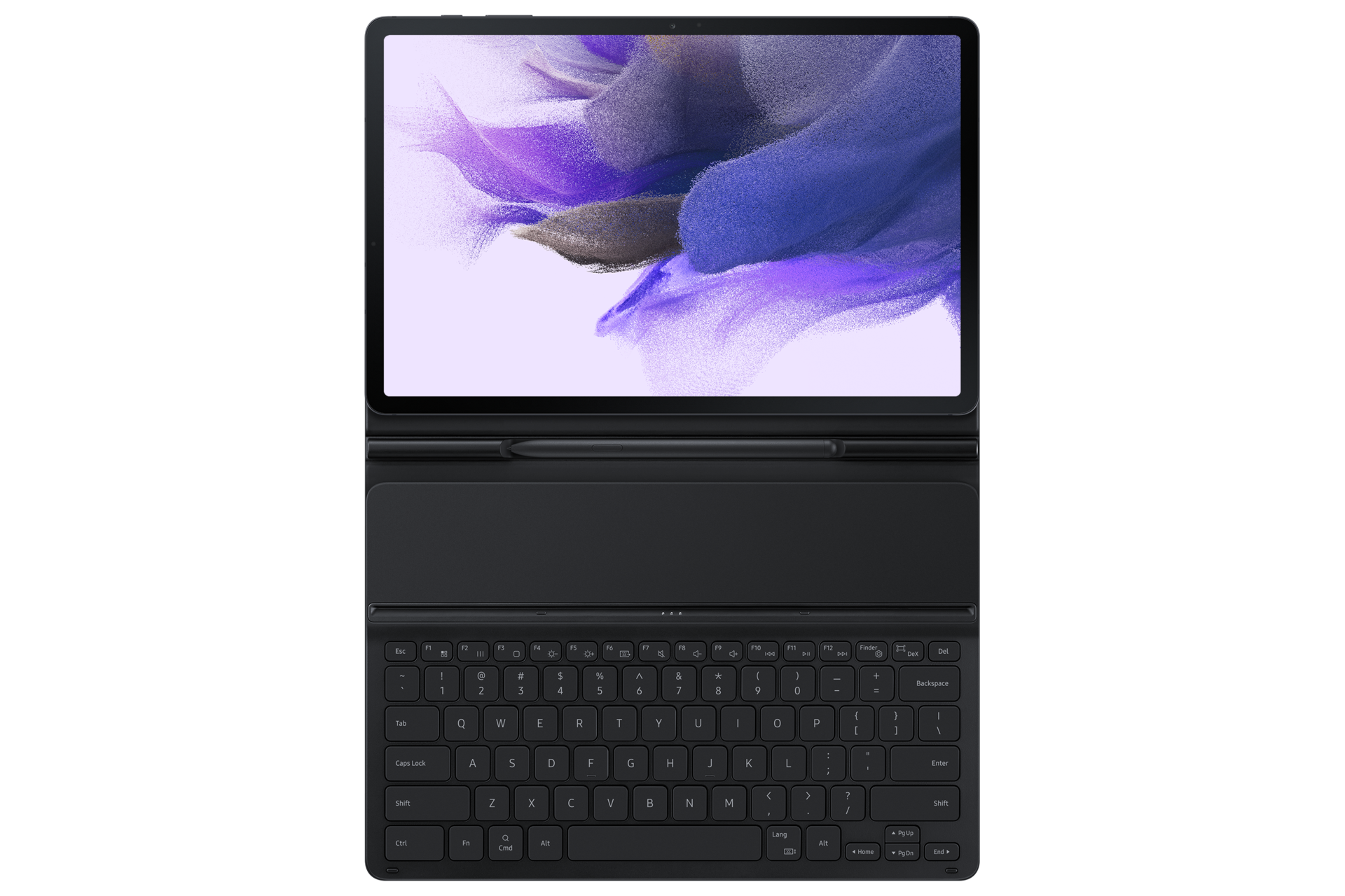 A slim-Galaxy book cover keyboard in black opening shows a screen and a wireless keyboard sharing by connecting to up to three devices