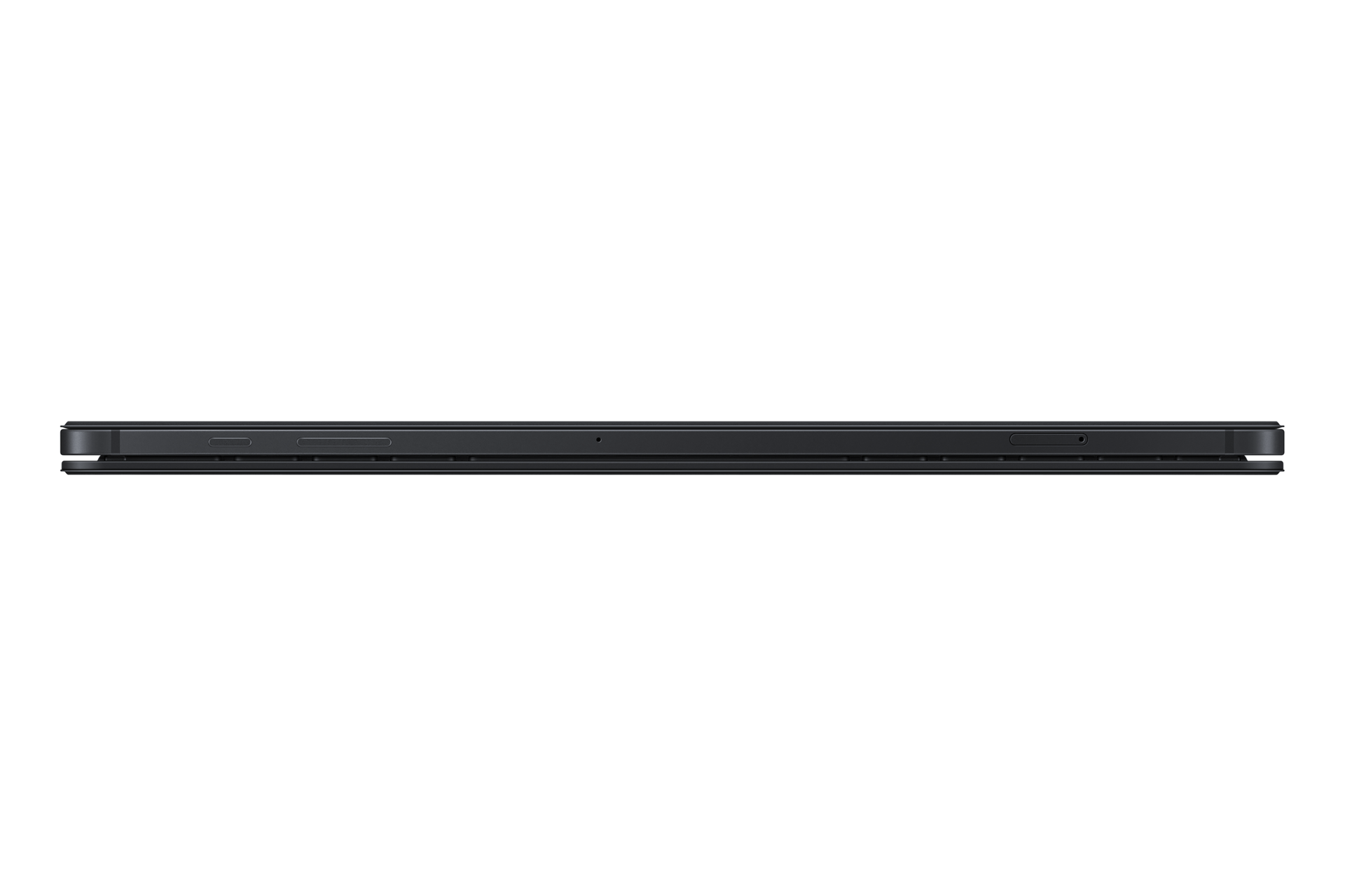 A side of the black Samsung Tab S7 FE keyboard shows a slim with lightweight design. Buy Samsung S7FE keyboard cover here