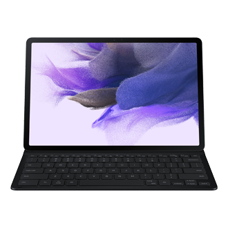 A standing-Samsung S7FE keyboard cover in black shows the screen of Galaxy Tab S7 FE infused with an antimicrobial coating