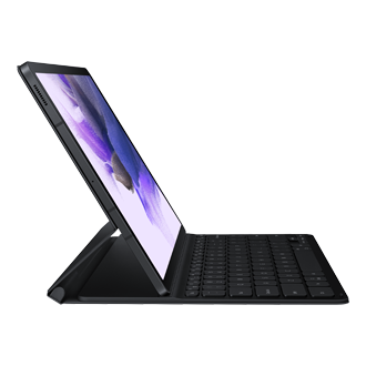 A side view of a standing-slim Samsung Galaxy book cover keyboard in black blocks microbial growth to help protect against 99% of bacteria