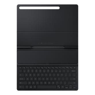 A black Galaxy Tab S7 FE / Tab S7+ slim book cover keyboard opening shows a compartment for an S Pen. Buy Samsung Tab S7 keyboard here 